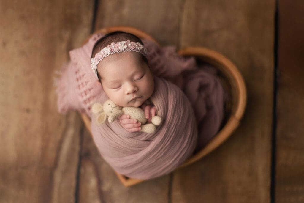 bébé emmailloté dans un contenant avec petit doudou – photographe naissance 77