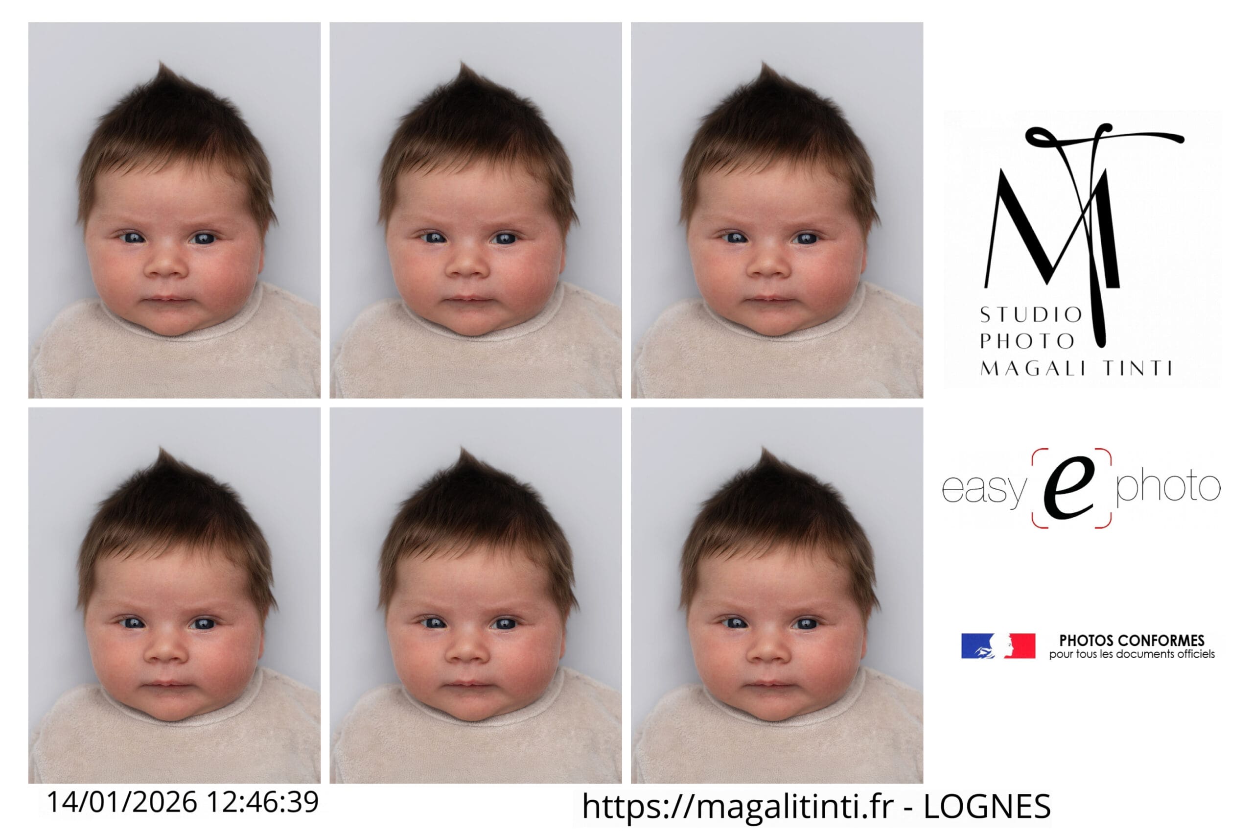 Planche de photos d’identité officielles pour bébé réalisée au studio Magali Tinti à Lognes