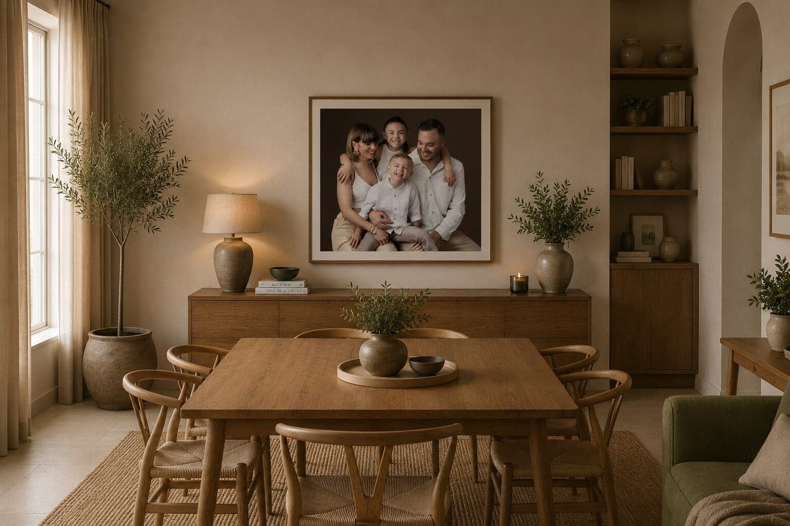 Portrait de famille encadré dans une salle à manger chaleureuse aux tons naturels