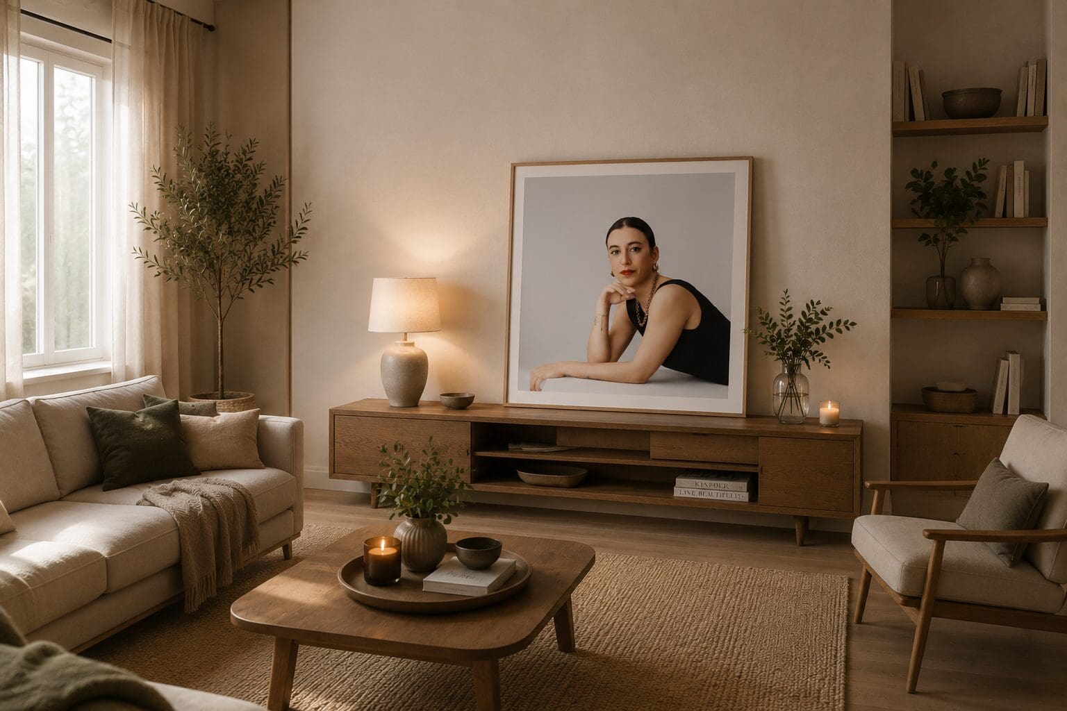 Portrait de femme encadré dans un salon confortable aux tons crème, bois et vert olive